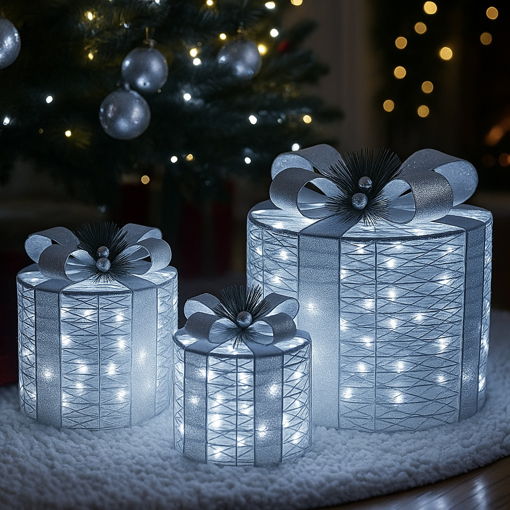 Obrázek z Venkovní LED oválné svítící dárky - sada 3 ks XL/L/M, 120 LED, IP44 - vánoční dekorace pod stromeček 