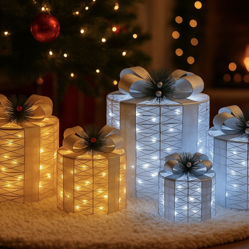 Obrázek z Venkovní LED oválné svítící dárky - sada 3 ks XL/L/M, 120 LED, IP44 - vánoční dekorace pod stromeček 