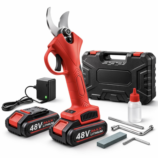 Obrázek z AKU zahradní nůžky + 2 baterie 48V + nabíječka + kufr + čepele a příslušenství 