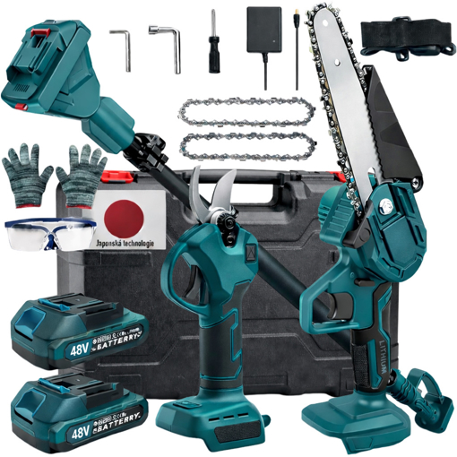Obrázek z AKU sada 3v1 – zahradní nůžky, pila s automatickým mazáním, teleskopická tyč a kufr + 2x baterie 48V, náhradní řetězy, brýle, rukavice, čepel a příslušenství 