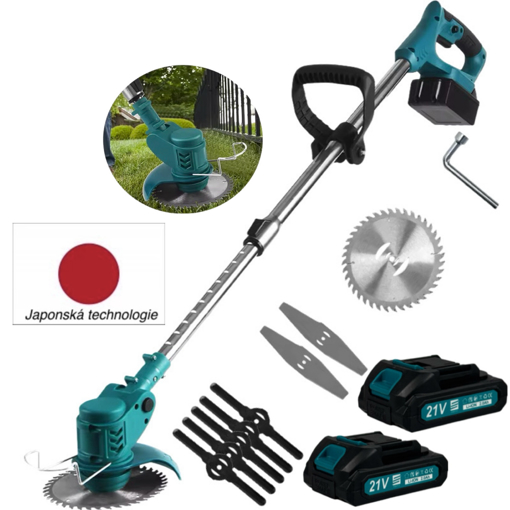Obrázek z AKU křovinořez, sekačka, vyžínač 3v1 s příslušenstvím - 2x baterie 21V + 5x žací nože + 2x žací čepele + 1x kotouč 