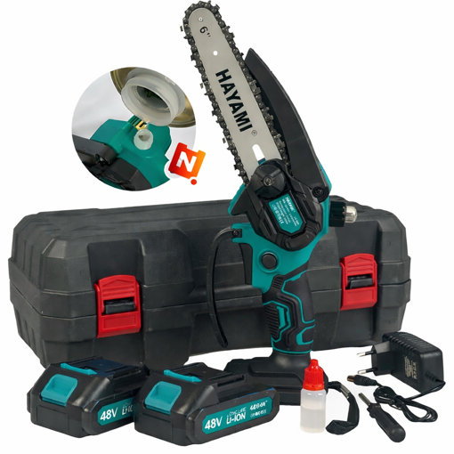 Obrázek z Aku pila Hayami 6" s automatickým mazáním + 2x baterie 48V, řetěz, nabíječka a kufr 