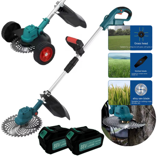 Obrázek z AKU křovinořez s kolečky Hayami, sekačka, vyžínač 3v1 s příslušenstvím a displejem - 2x baterie 88V + 1x žací struna + 1x žací čepel + 1x kotouč 