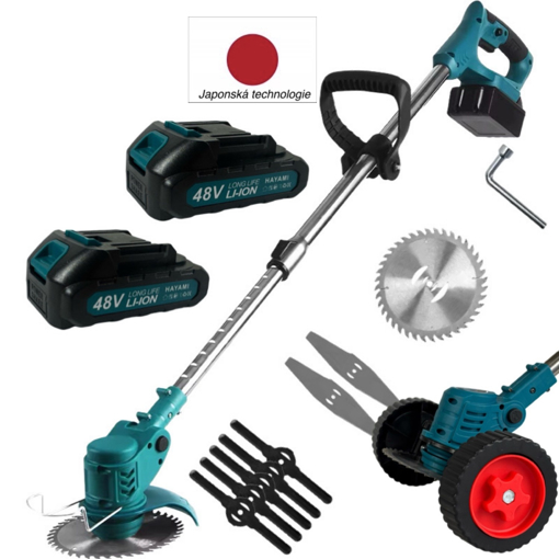 Obrázek z AKU křovinořez Hayami s kolečky, sekačka, vyžínač 3v1 s příslušenstvím - 2x baterie 48V + 5x žací nože + 2x žací čepele + 1x kotouč 