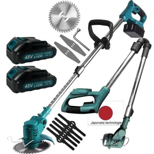 Obrázek z AKU křovinořez Hayami Compact, sekačka, vyžínač 3v1 s příslušenstvím - 2x baterie 48V + 5x žací nože + 2x žací čepele + 1x kotouč 