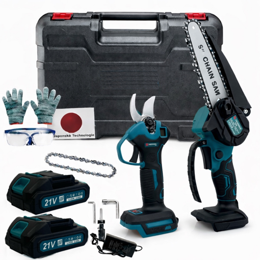 Obrázek z Aku set  Eurosonic 2v1 pilka s automatickým mazáním + aku nůžky + kufřík + 2 baterie 21V + nabíječka + brýle + rukavice + řetěz a příslušenství 