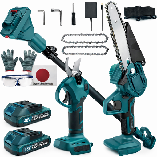 Obrázek z AKU teleskopická sada 3v1 – zahradní aku nůžky aku pila a teleskopická tyč + 2x baterie 48V, řetěz, čepel a příslušenství 